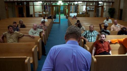 A church filled with homeless men in "Overnighters"