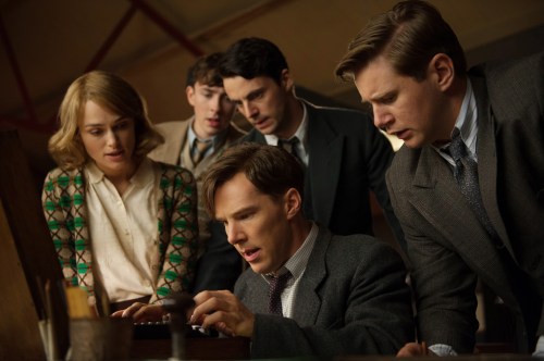 Benedict Cumberbatch (center) as Alan Touring; Kiera Knightly at left