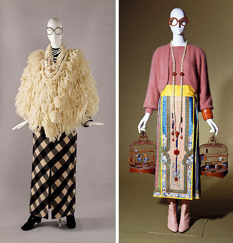 Two Apfel outfits from her Metropolitan Museum of Art show
