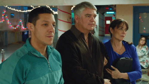 Theo Rossi, Michael Harney and Karen Allen